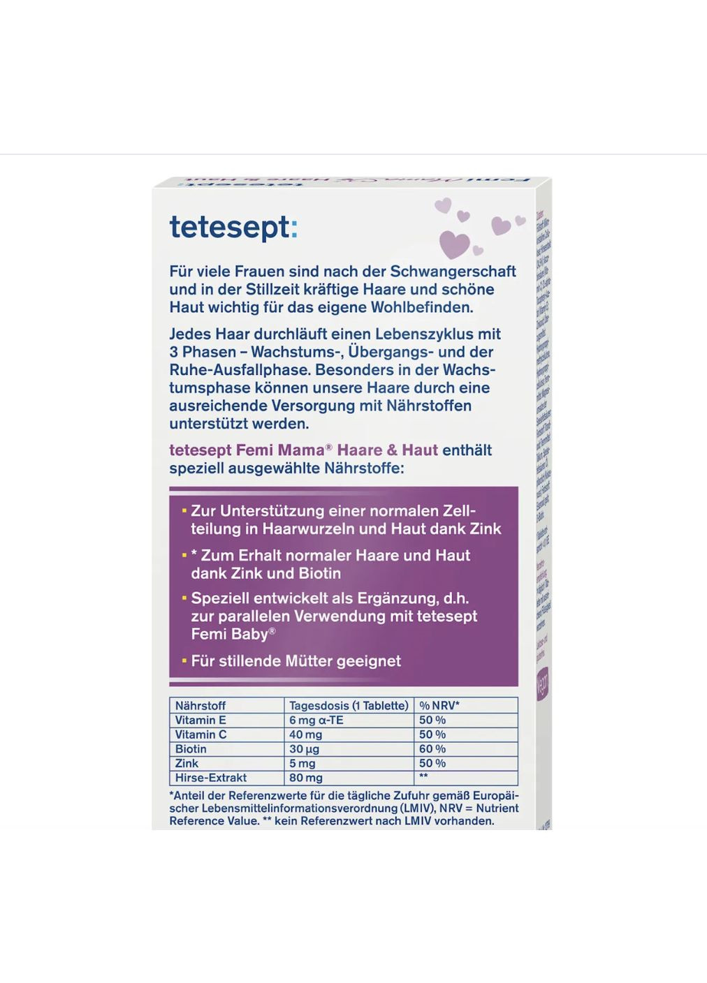 Вітамінний комплекс проти вападіння волосся після вагітності Femi Mama Haare & Haut 30 шт, 23 г tetesept (368864929)