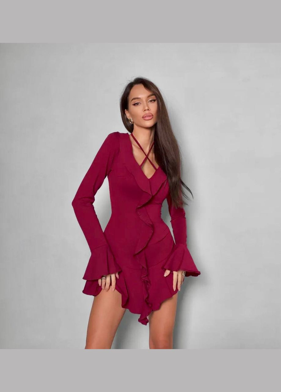 Бордова коктейльна, вечірня жіноча міні сукня з рюшами MonCher