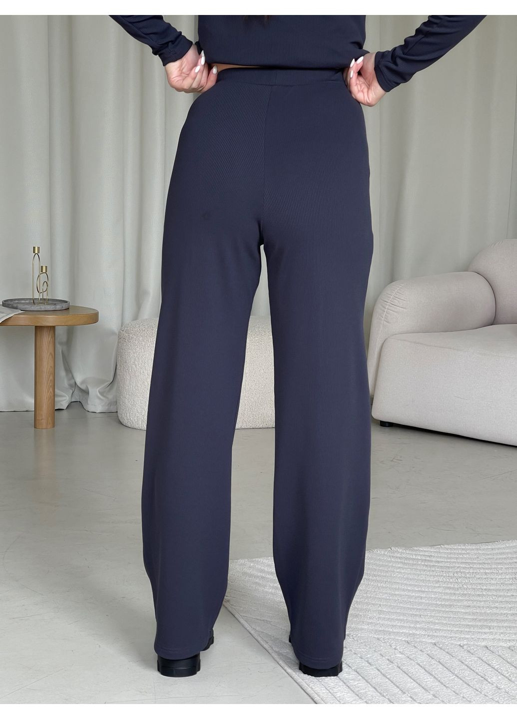 Жіночий костюм у рубчик з широкими штанами на флісі (кофта, штани) сірий S-M No Brand 100001143 (365285177)