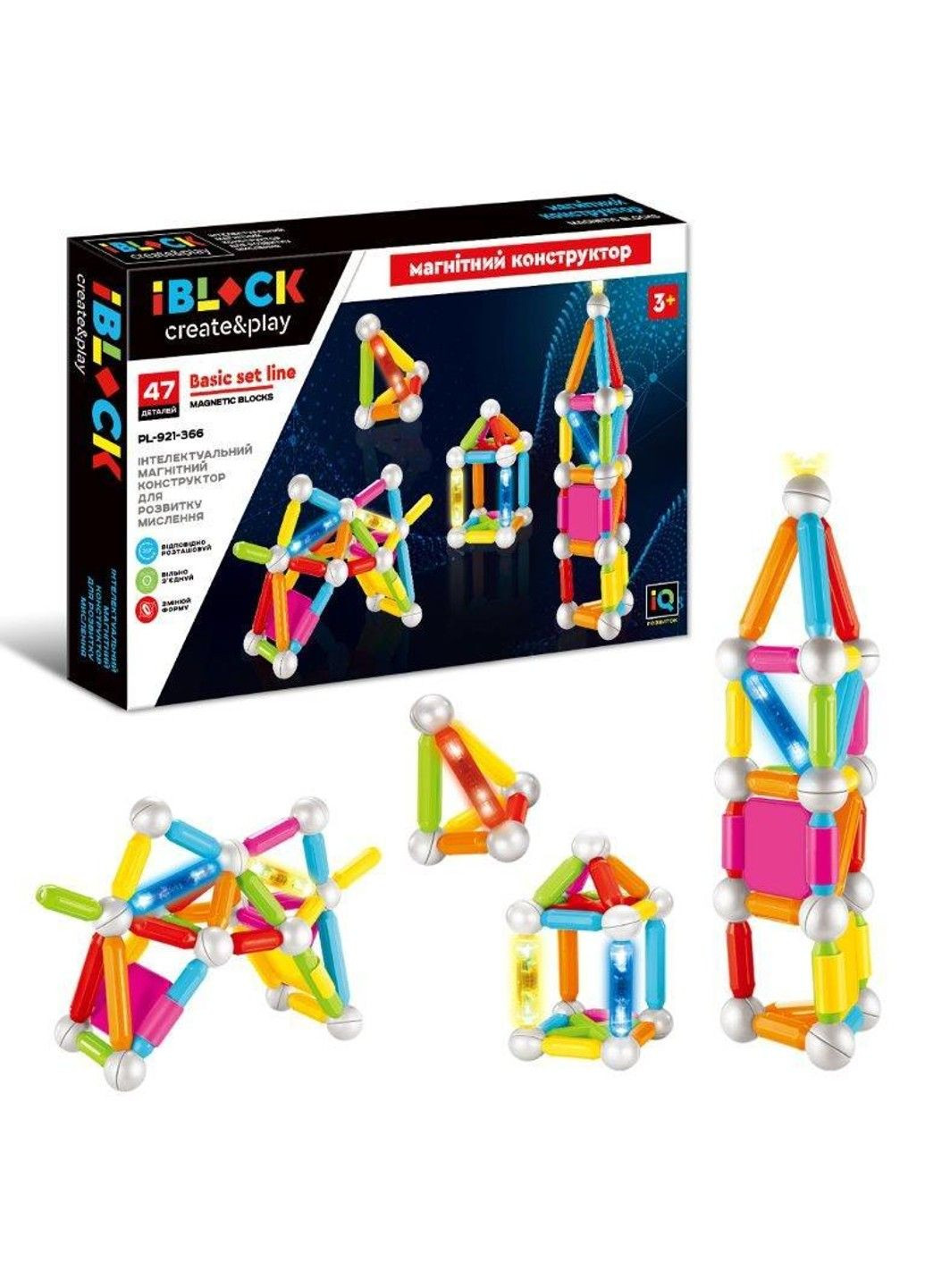 Магнитный конструктор IBLOCK с наклейками 47 элементов увлекательные модели и уникальные фигуры 57*6*35 см No Brand (333719793)