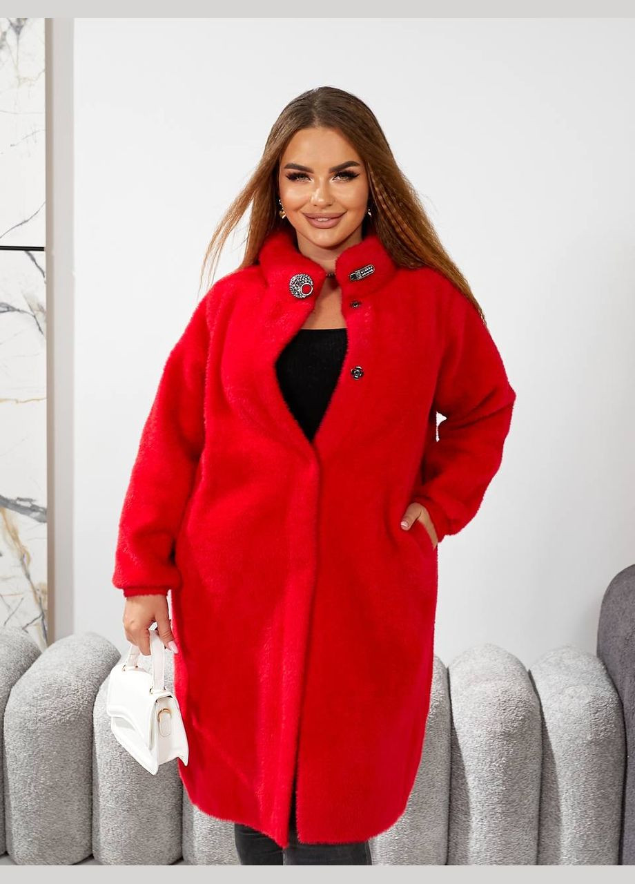 Красное зимнее Удлиненное пальто из альпаки 50-56 размера оверсайз KVAN