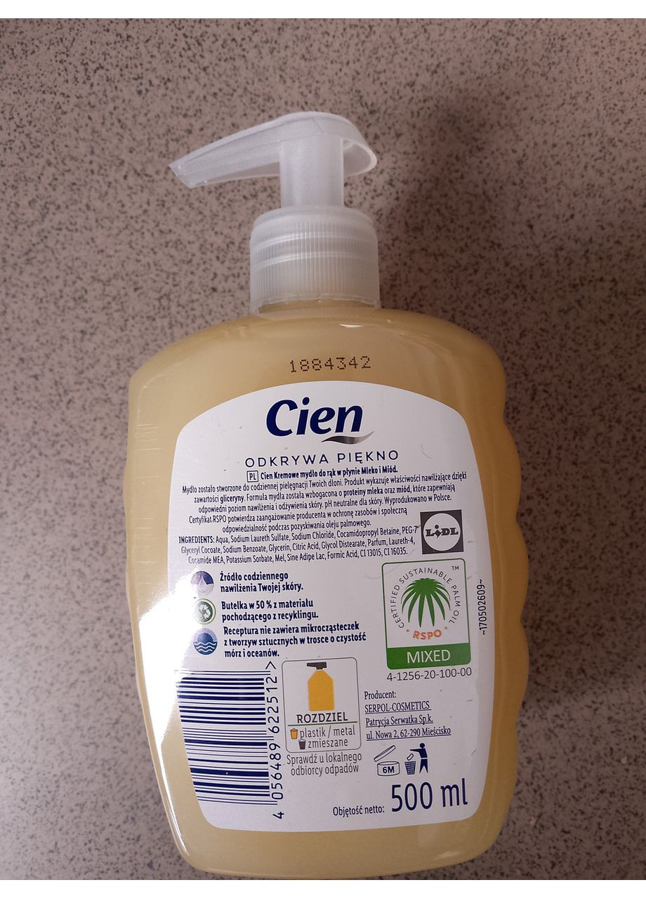 Жидкое крем-мыло для рук 500 мл. молоко и мед Cien (356671688)