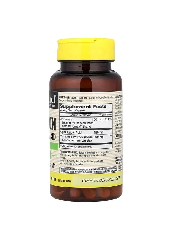 Кориця з альфа-ліпоєвою кислотою, Cinnamon Alpha Lipoic Acid,, 60 капсул Mason Natural (372506342)