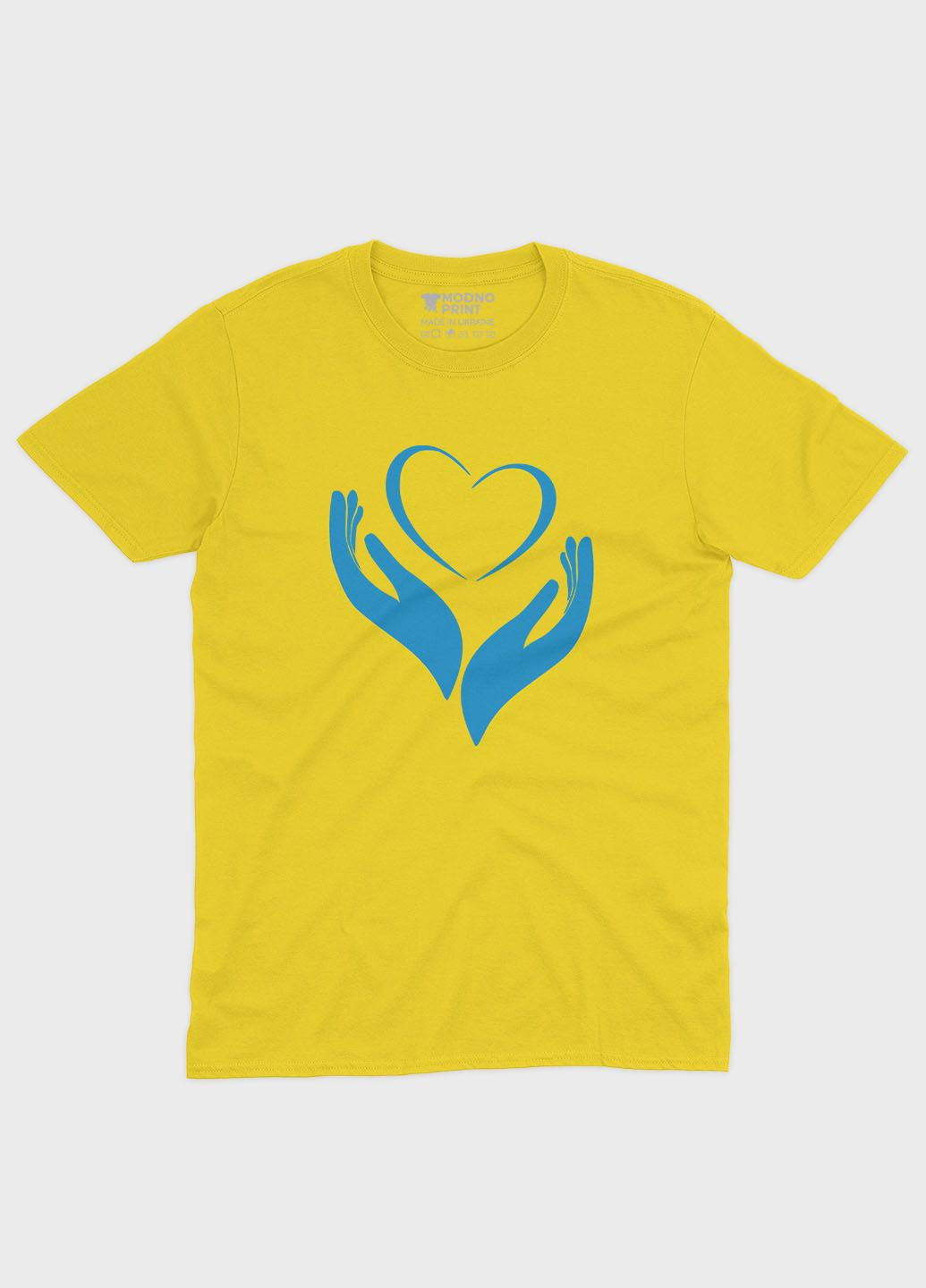 Желтая летняя женская футболка с патриотическим принтом сердце и лодони (ts001-2-sun-005-1-029-f) Modno