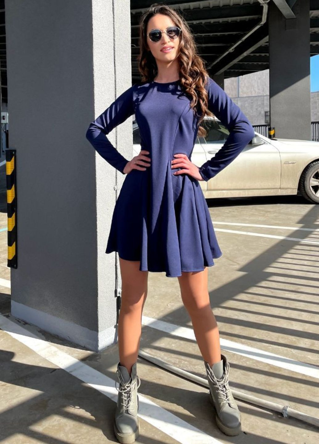 Темно-синя повсякденний сукня міні з довгим рукавом та круглим коміром Tik-Tak однотонна