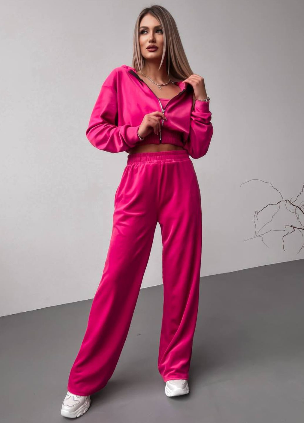 Базовый повседневный велюровый костюм двойка: укороченный худые на молнии + штаны Україна (328214446)