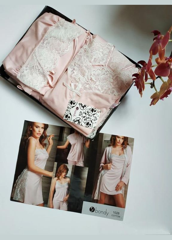 Пудровый демисезонный роскошный вискозный с кружевом комплект из 6 предметов bondy 1028 размер л. 48 Bondi