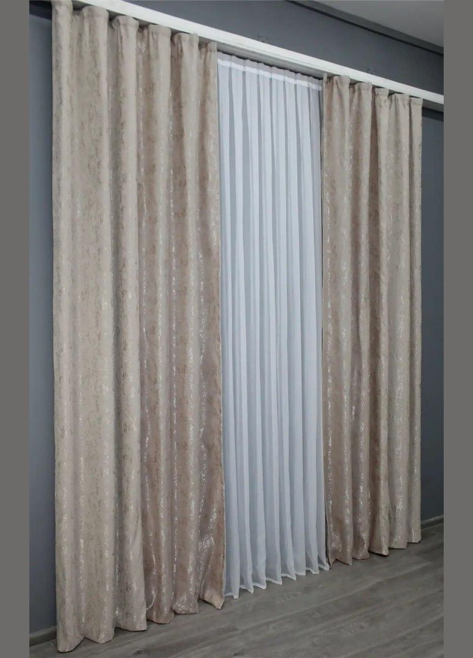 Штори для залу жаккардові 2 шт штори 1.5 х 2.7 м + тюль 4 х 2.7 м Бежевий (П4К-014дк (1177-1362ш)-02) No Brand (306633498)