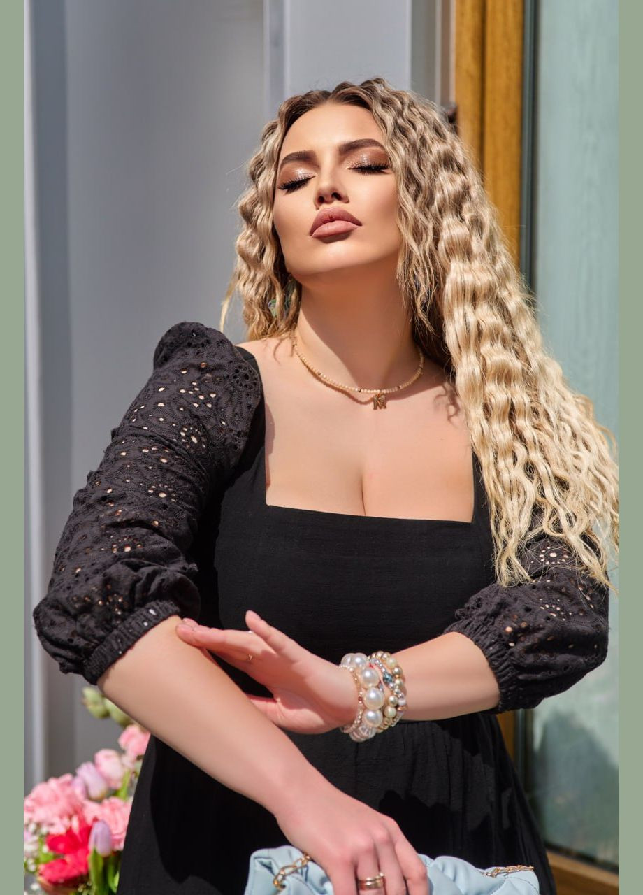 Черное повседневный женское длинное платье комбинированное а-силуэт Україна с цветочным принтом