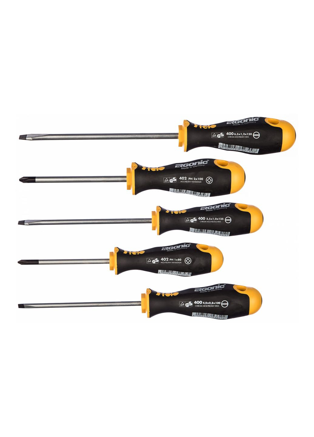 Набір викруток Ergonic 4.0х100/5.5х125/6.5х150/Ph1x80/Ph2x100, CrMoV сталь 40095118 (11113) Felo (295041406)