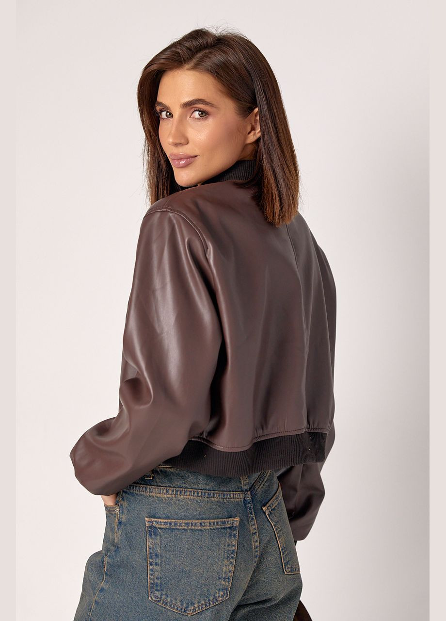 Коричневая демисезонная женская куртка-бомбер из кожзама Lurex