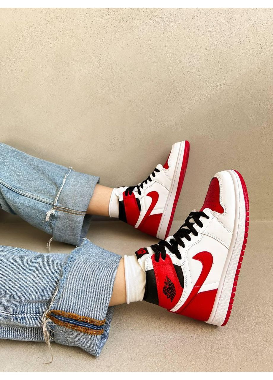 Білі Осінні кросівки чоловічі nike air jordan 1 retro white university red найк аір джордан No Brand