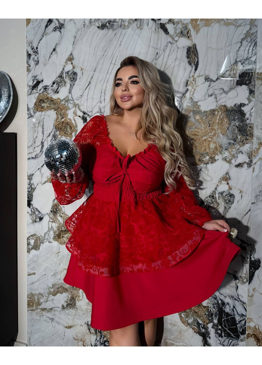 Красное праздничный, коктейльное, вечернее платье нереальной красоты с кружевными вставками 💫💫💫 с юбкой-солнце Україна однотонное