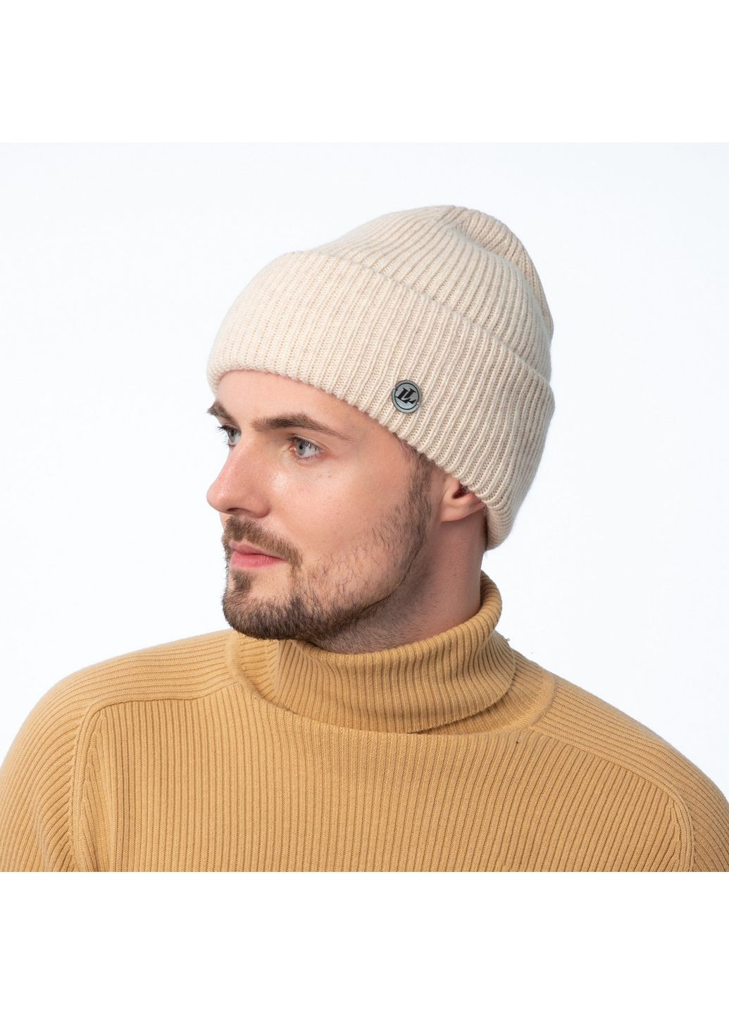 Шапка бини мужская шерсть бежевая GEORGE 019-522 LuckyLOOK 019-522M (366969641)