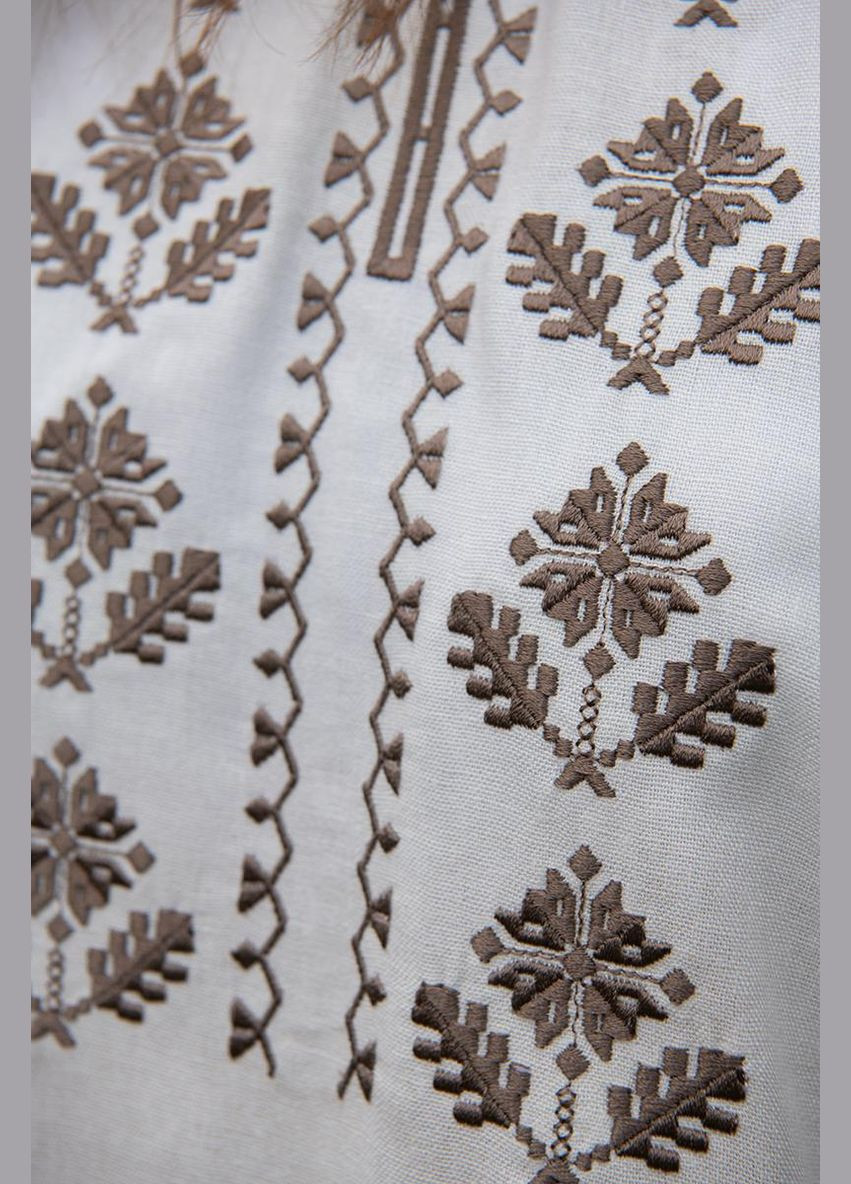 Молочная женская вышиванка молочного цвета с кофейной вышивкой, натуральный лен, свободный крой узор орнамент приталенная, свободная, прямой лен (325451635)