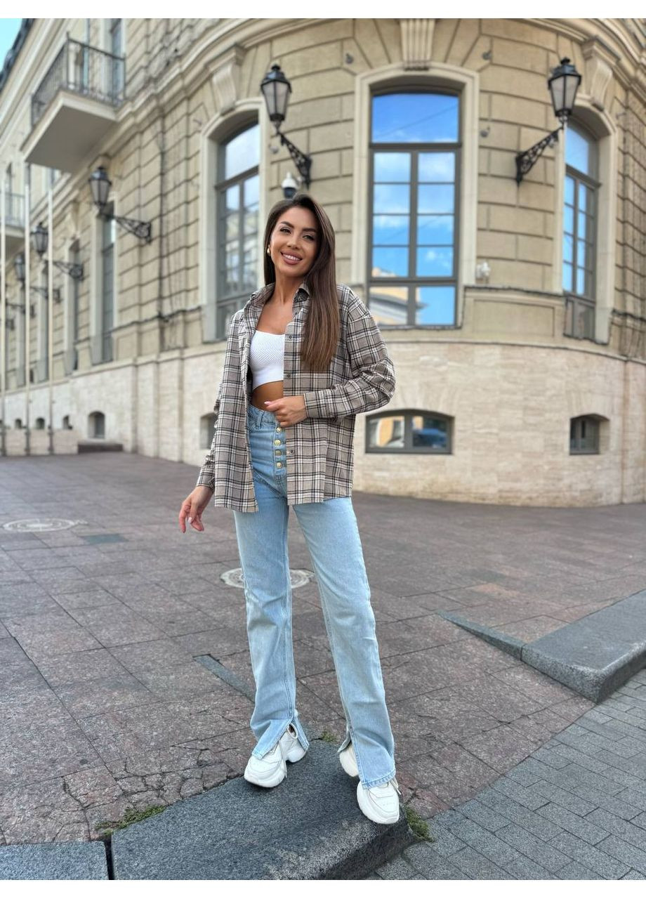 Бежевая праздничный, повседневный, классическая рубашка в клетку queensleep_7km с длинным рукавом