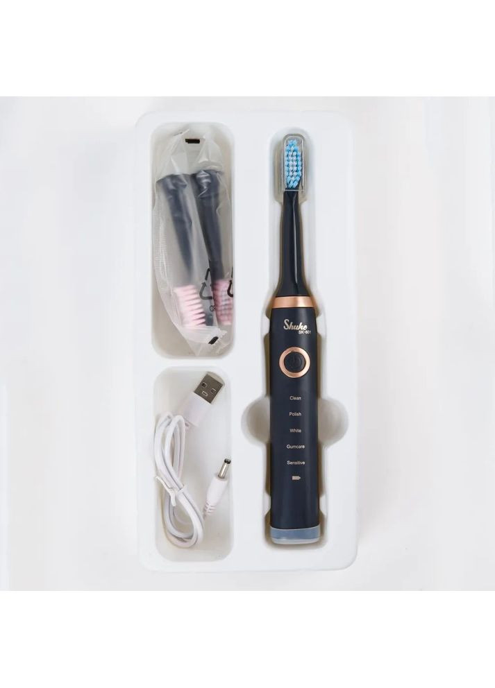 Електрична щітка Shuke SK-601 акумуляторна. Ультразвукова щітка для зубів + 3 насадки. Колір: чорний No Brand (366238934)