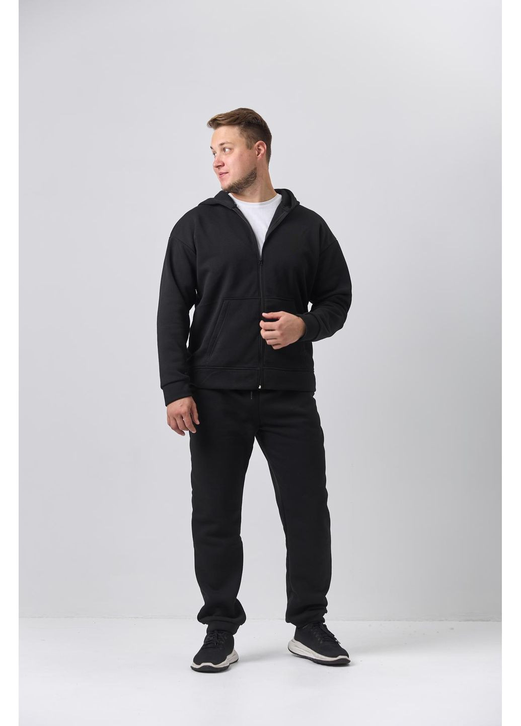Чоловічий теплий спортивний костюм Великого розміру на блискавці з тринитки на флісі, чорний No Brand (362193114)