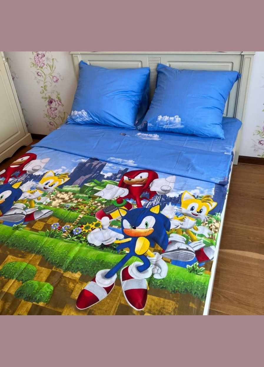 Детское постельное белье полуторное голубое Соник Бязь Голд 1513279 Ananasko (337511476)