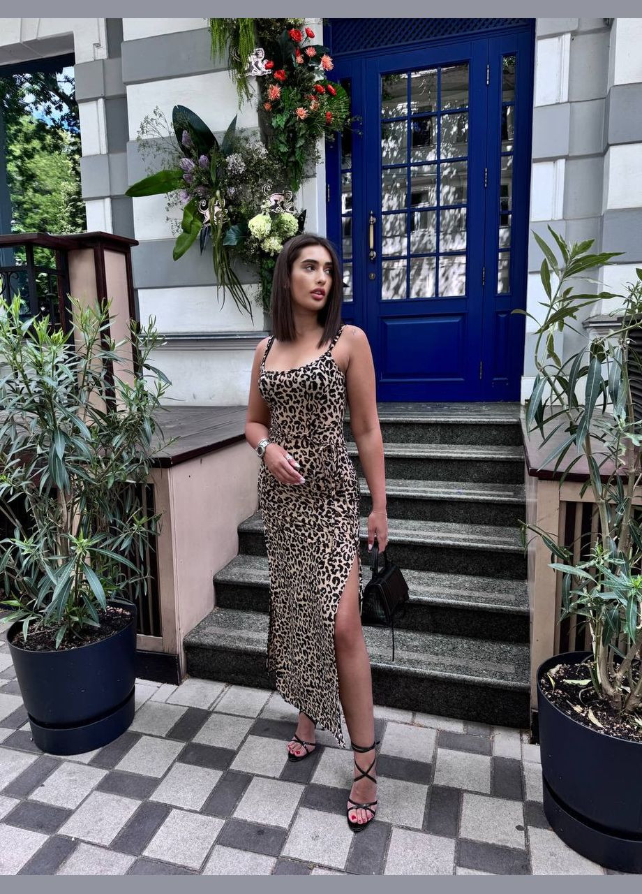 Коричнева ефектна леопардова сукня з розрізами з боків No Brand леопардовий