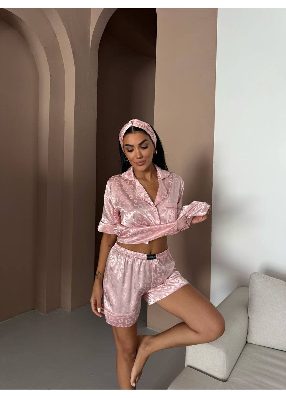 Розовая всесезон женская пижама розовая с леопардовым узором рубашка + шорты Vital-Textile 1288