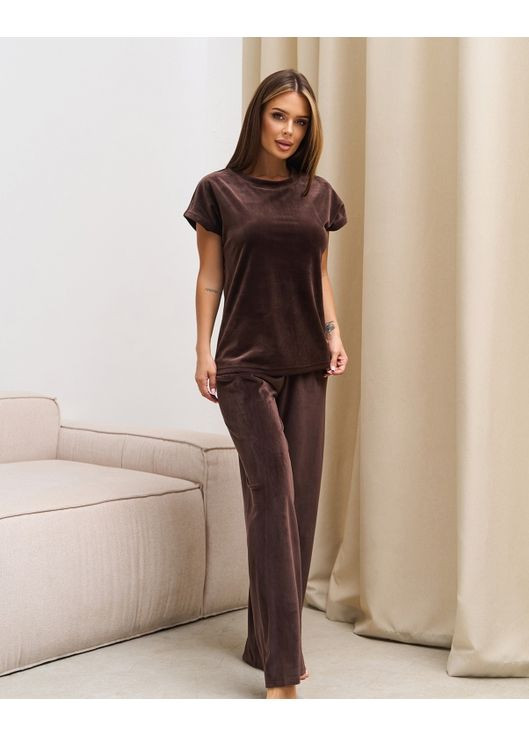 Темно-коричневая зимняя велюровая пижама со свободными брюками футболка + брюки ISSA PLUS