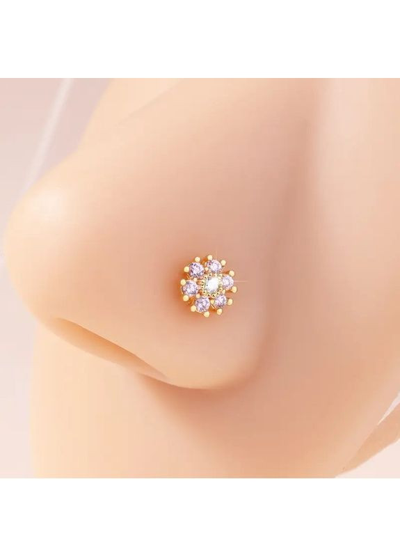 Сережка пірсинг носа срібляста шестилистий квітка з рожевими кристалами 8 мм у формі L AurumLux007 Liresmina Jewelry (351355714)