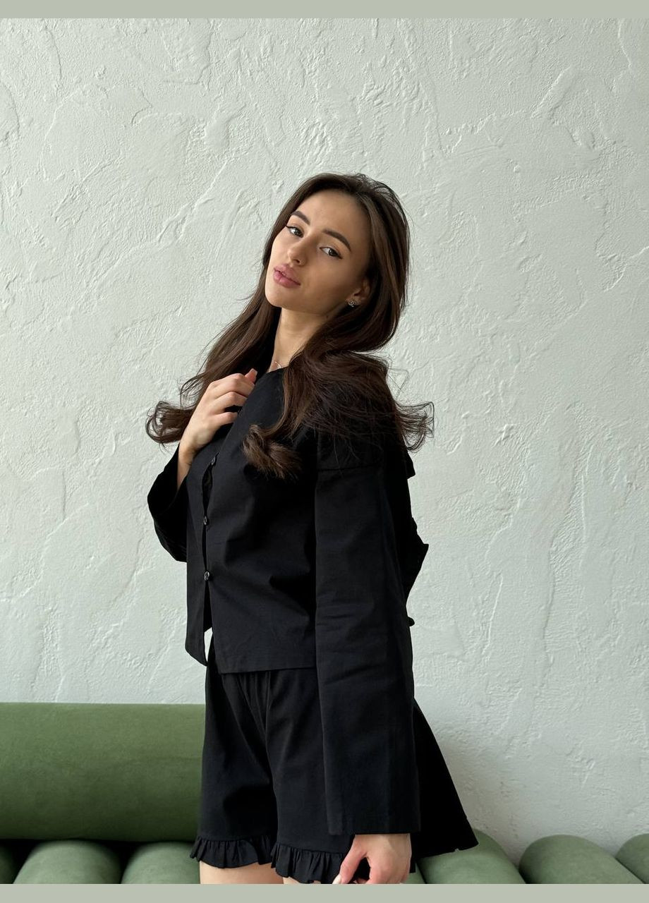 Приятный к телу чорный костюм двойка (рубашка+шорты) из качественного льна, летний костюм с идеальной посадкой No Brand 605-2 (296139175)