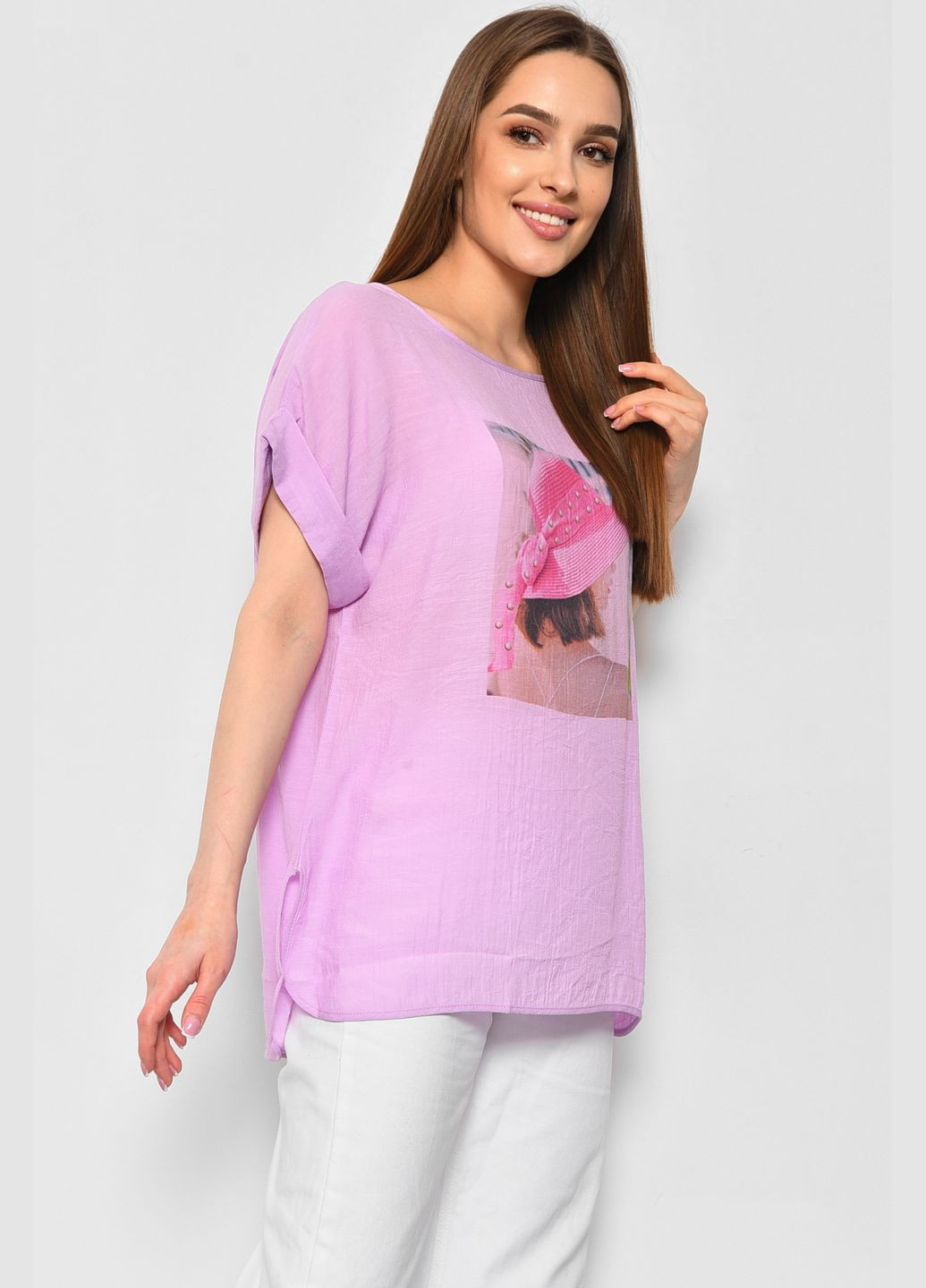 Фиолетовая летняя футболка женская полубатальная фиолетового цвета Let's Shop