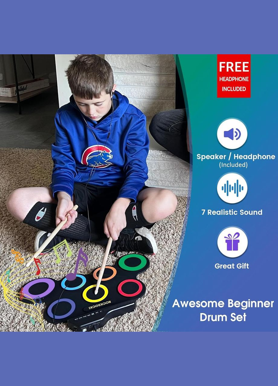 Разноцветная электронная барабанная установка KidsDrum для детей с аксессуарами No Brand (342716996)