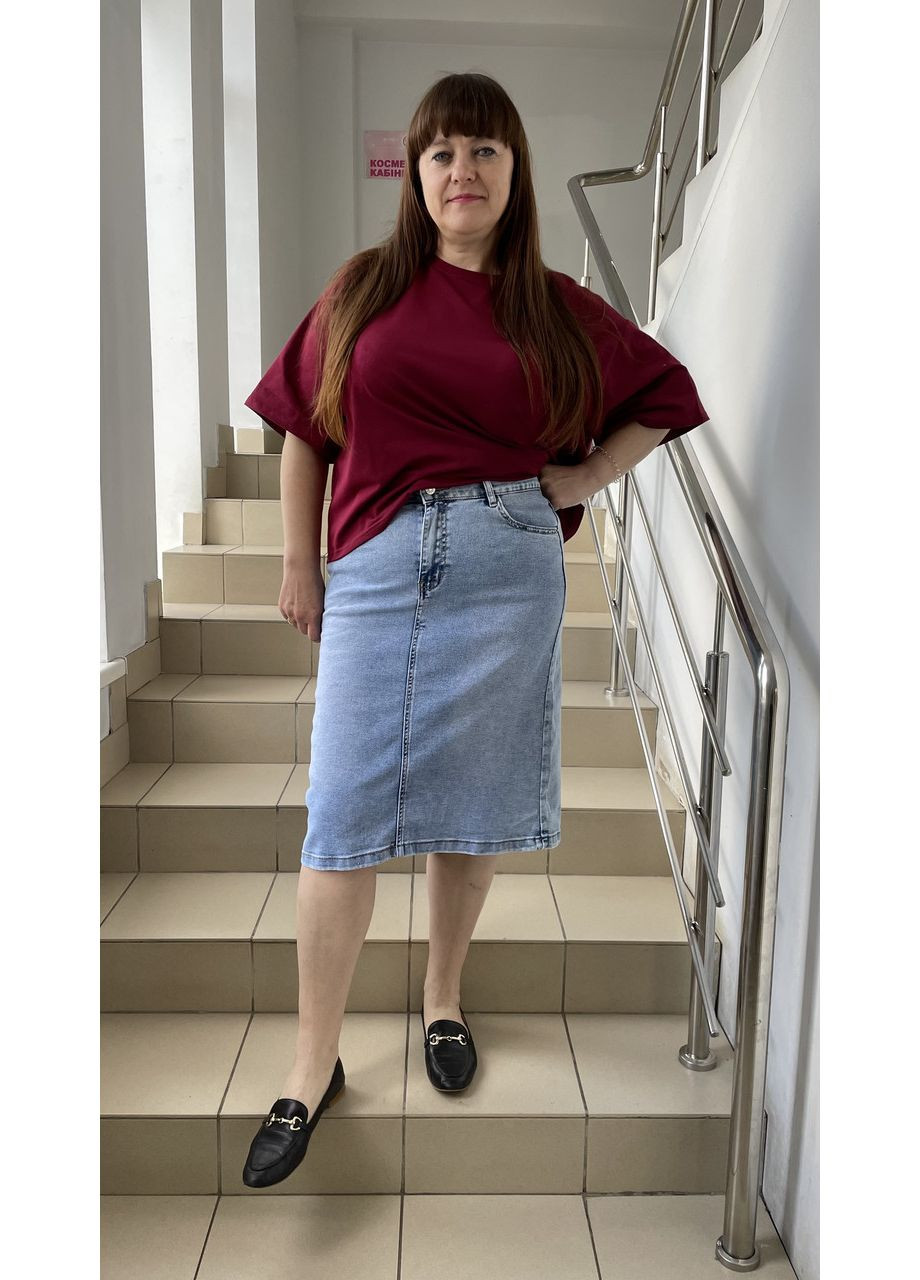 Спідниця джинсова нижче коліна великий розмір стрейч блакитна No Brand (370289434)