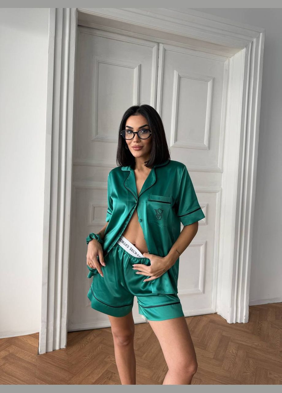 Зеленая женская пижама рубашка + шорты No Brand