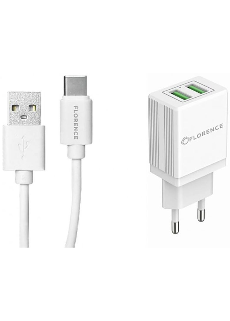 Сетевое зарядное устройство 2USB 2A + Type-C cable White (FL-1021-WT) Florence (301467098)