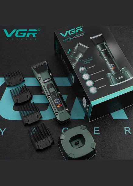 Аккумуляторная беспроводная машинка для стрижки волос с LED дисплеем и ТУРБО режимом зеленый с черным VGR V-696 (325880431)