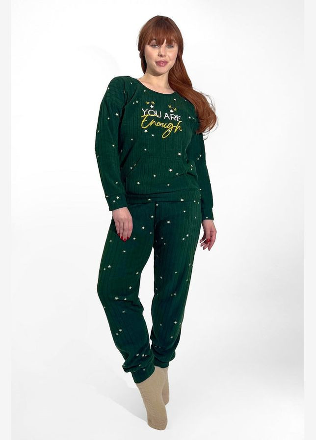 Зелена зимня флісова піжама в рубчик лонгслів + брюки Pijamoni 3730-14 green