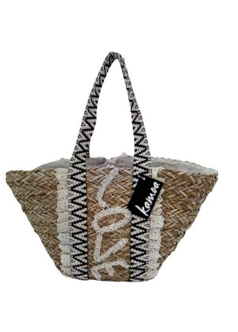 Сумка пляжная плетеная корзина с кружевными ручками и вышивкой TsLove Бежевая с черным Kamoa (305574268)