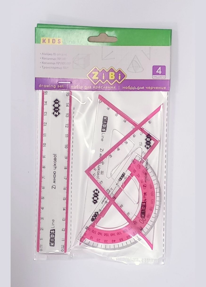 Набор измерительных принадлежностей (линейка 15см + 2 треугольника + транспортир) ZB.5687 Розовый Zibi (325221394)