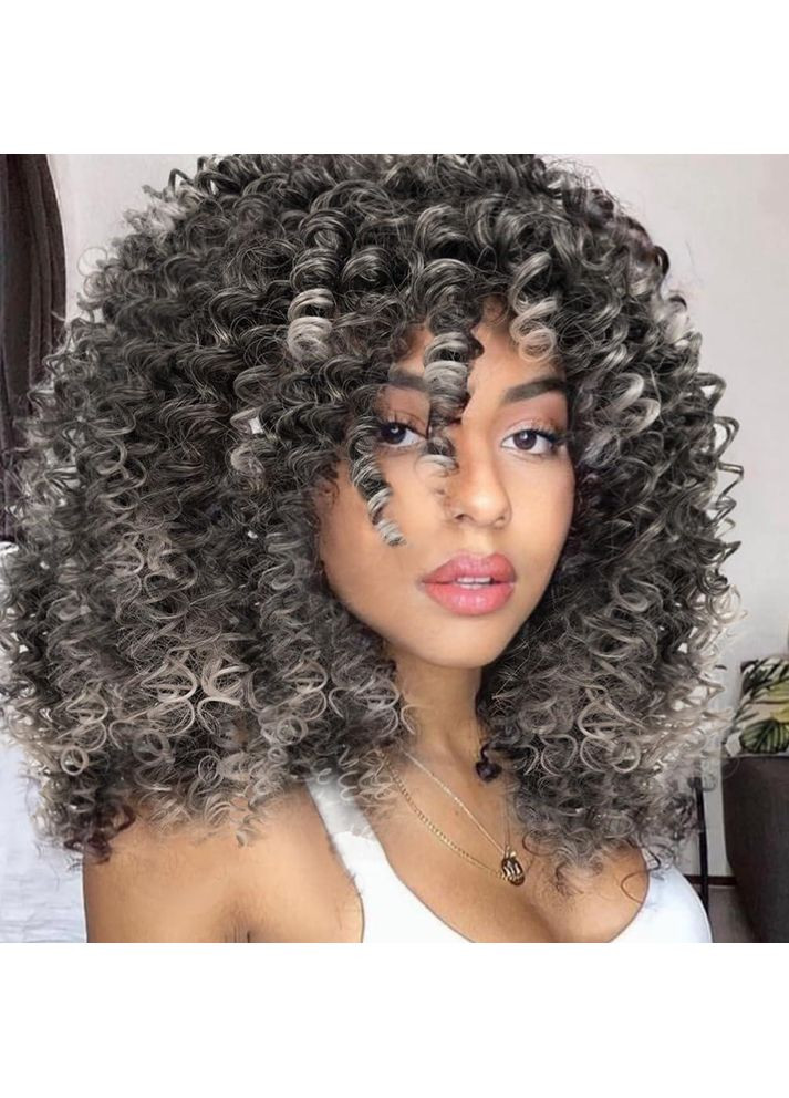 Перука кучерява афро сіра сива омбре з чубчиком, жіноча коротка синтетична термостійка, хвилясте волосся для Гелловіну No Brand (353746172)