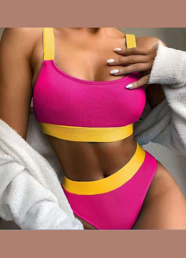 Комбинированный летний купальник женский раздельный с топом в рубчик 7947 m малиновый раздельный Fashion