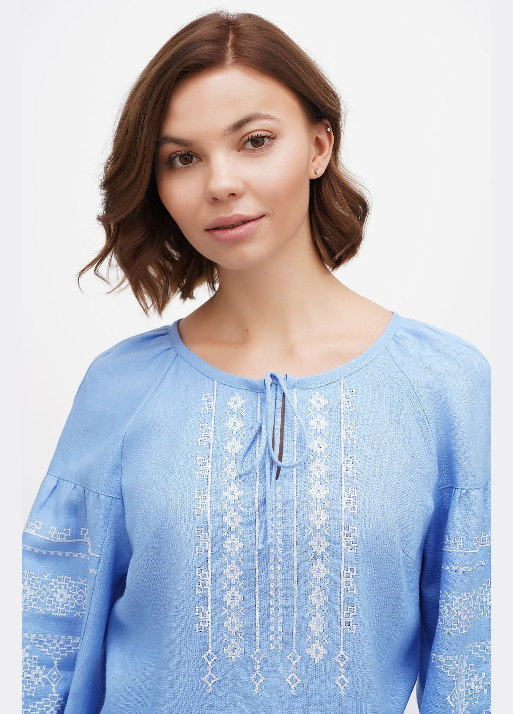 Блакитна класична жіноча вишиванка з льону ластівка, рукав реглан., р., код 9416/52/1370 ГАЛЕРЕЯ ЛЬОНУ