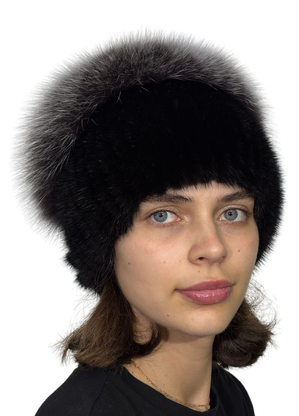Жіноча хутряна шапка норкова на в'язаній основі з помпоном з хутра песця Меховой Стиль Стрекоза (354820514)
