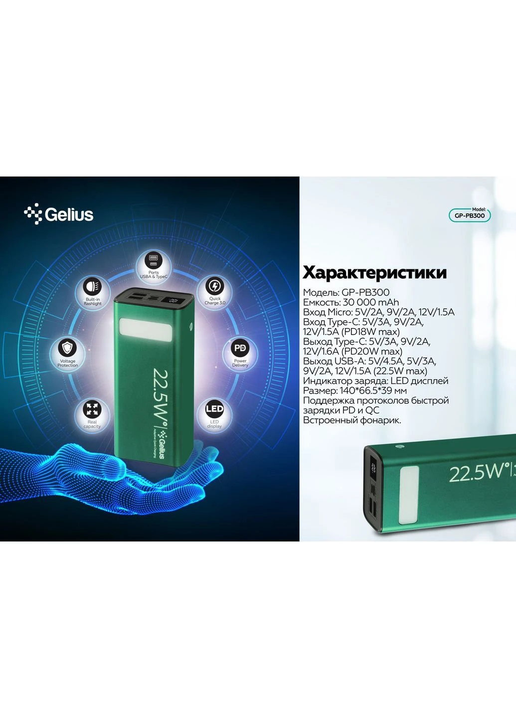 Повербанк Lightstone 30 000mAh QC+PD 22.5W Green 1 шт. Gelius GP-PB300 (396280267)