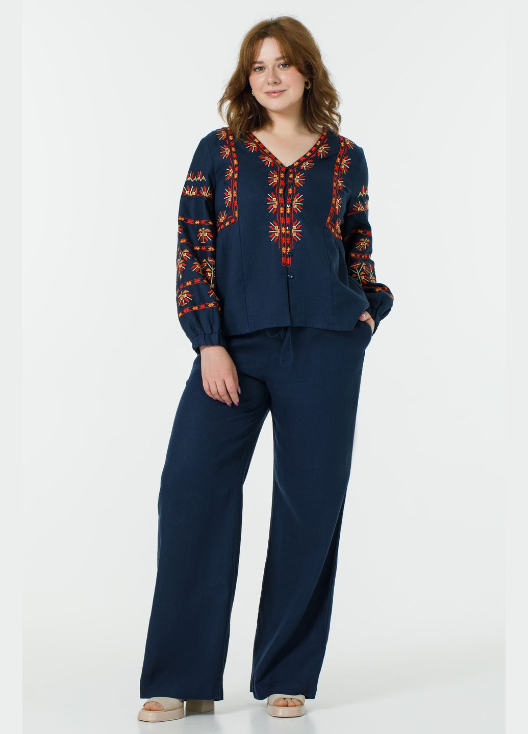 Синіти жіноча вишиванка з льону на ґудзиках з орнаментом сіяна, великі розміри (plus size)., р., код 9471/46/101 ГАЛЕРЕЯ ЛЬОНУ