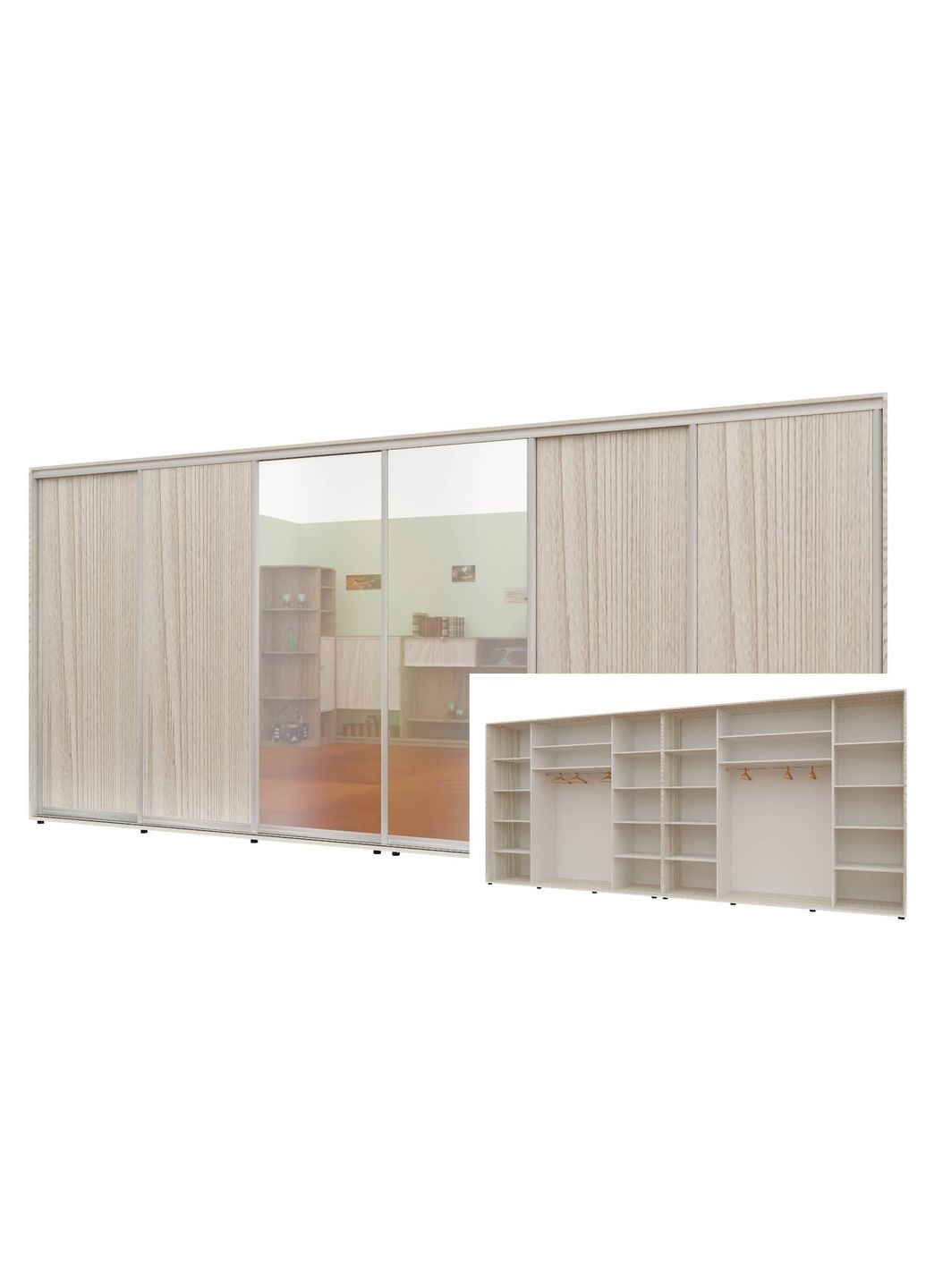 Шафа-купе шестидверна 480*60*220 см Дуб Білений 4 двері ДСП + 2 двері Дзеркало Максі Комфорт Меблі (360429667)