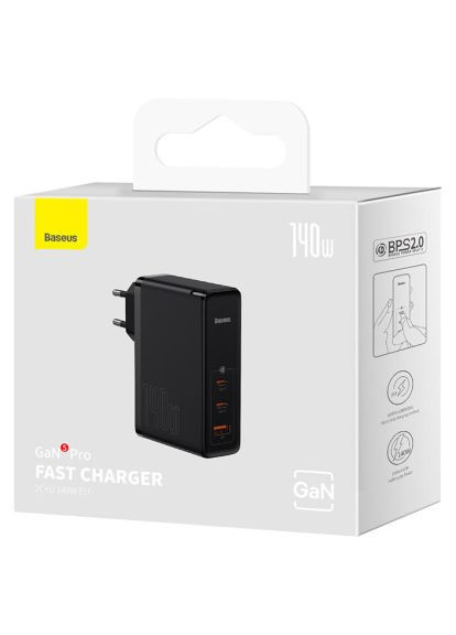 Зарядное устройство 2xUSB-C 140W + 1xUSB GaN + cable USB-C to USB-C black (CCGP100201) Baseus 2xUSB-C 140W + 1xUSB GaN + cable USB-C to USB-C bl (370016406)