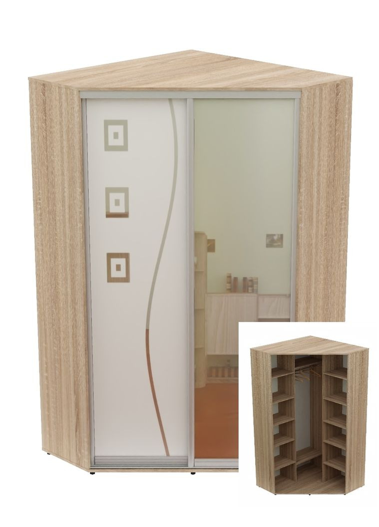 Шкаф-купе двухдверный угловой 120*120*240 Дуб Сонома Зеркало/Зеркало с пескоструйным рисунком Угол-2 Алекса (360452189)