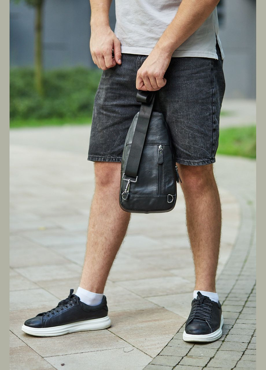 Сумка чоловіча натуральна шкіра слінг на груди Чорна Tiding Bag (302390965)