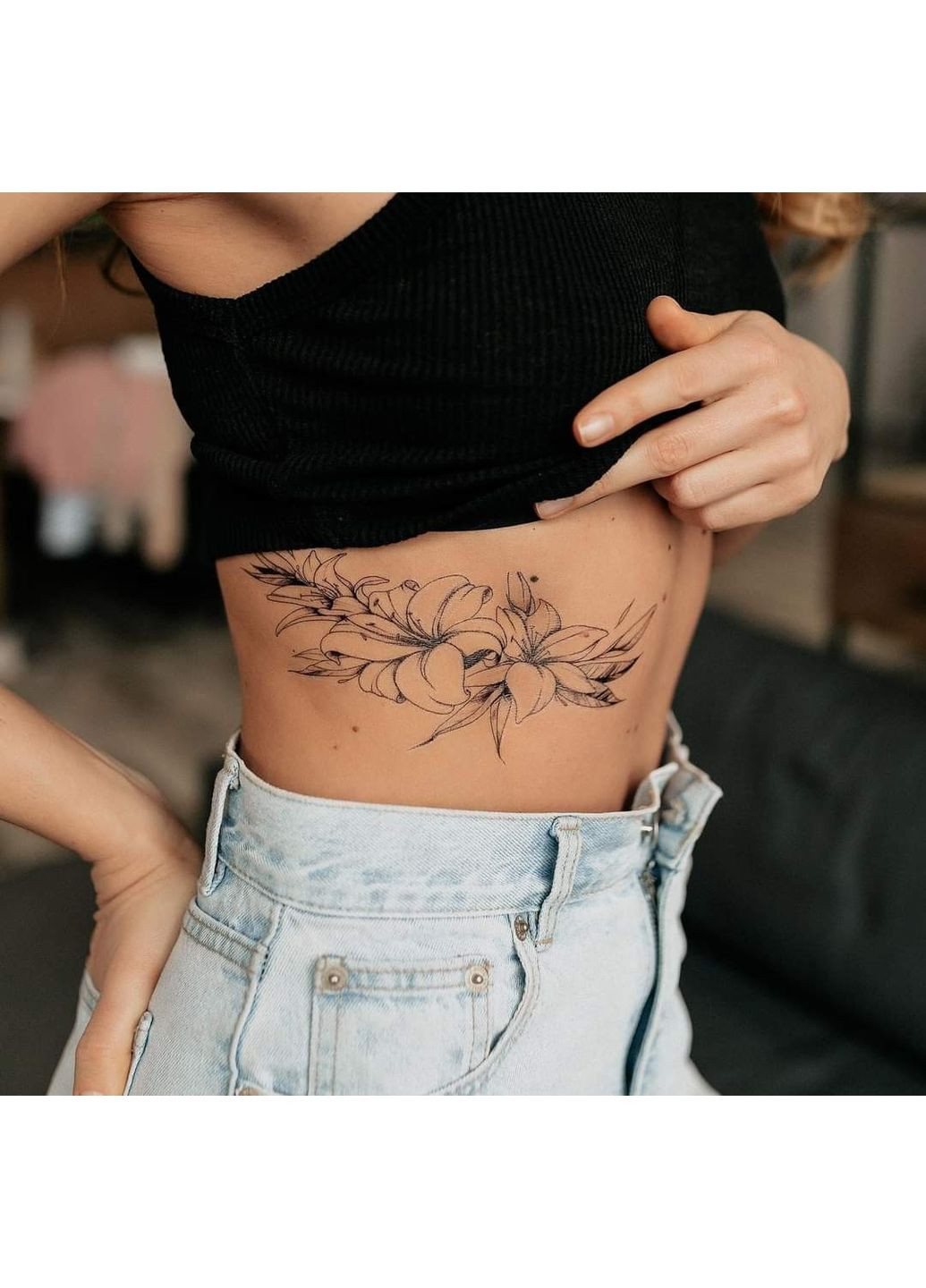 Тимчасове тату-набір Лілея чорна 21х15 см, Fine Line, контурні (TH390) Tattoo (366890970)