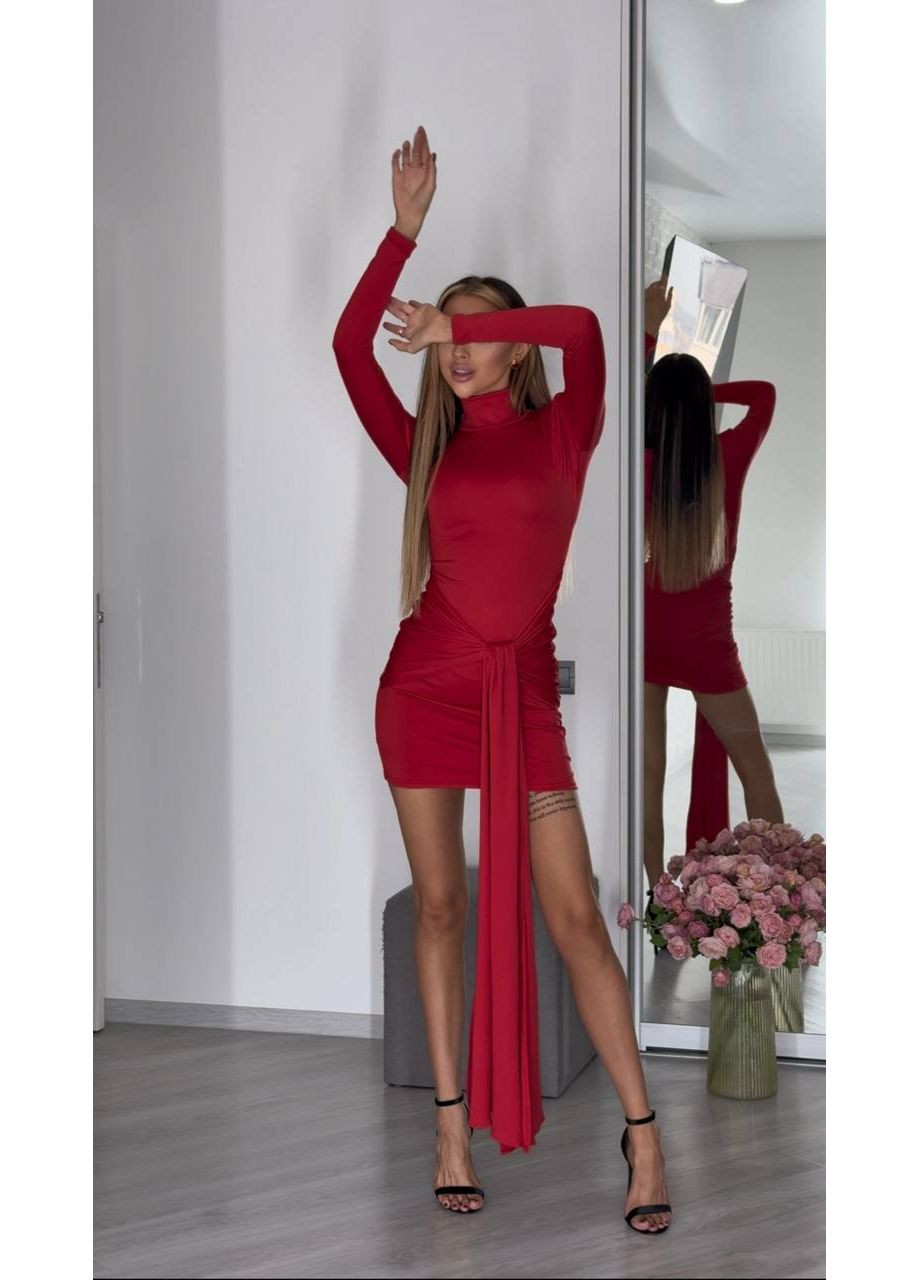 Червона вечірня, кежуал жіноча міні-сукня з довгим рукавом Україна однотонна