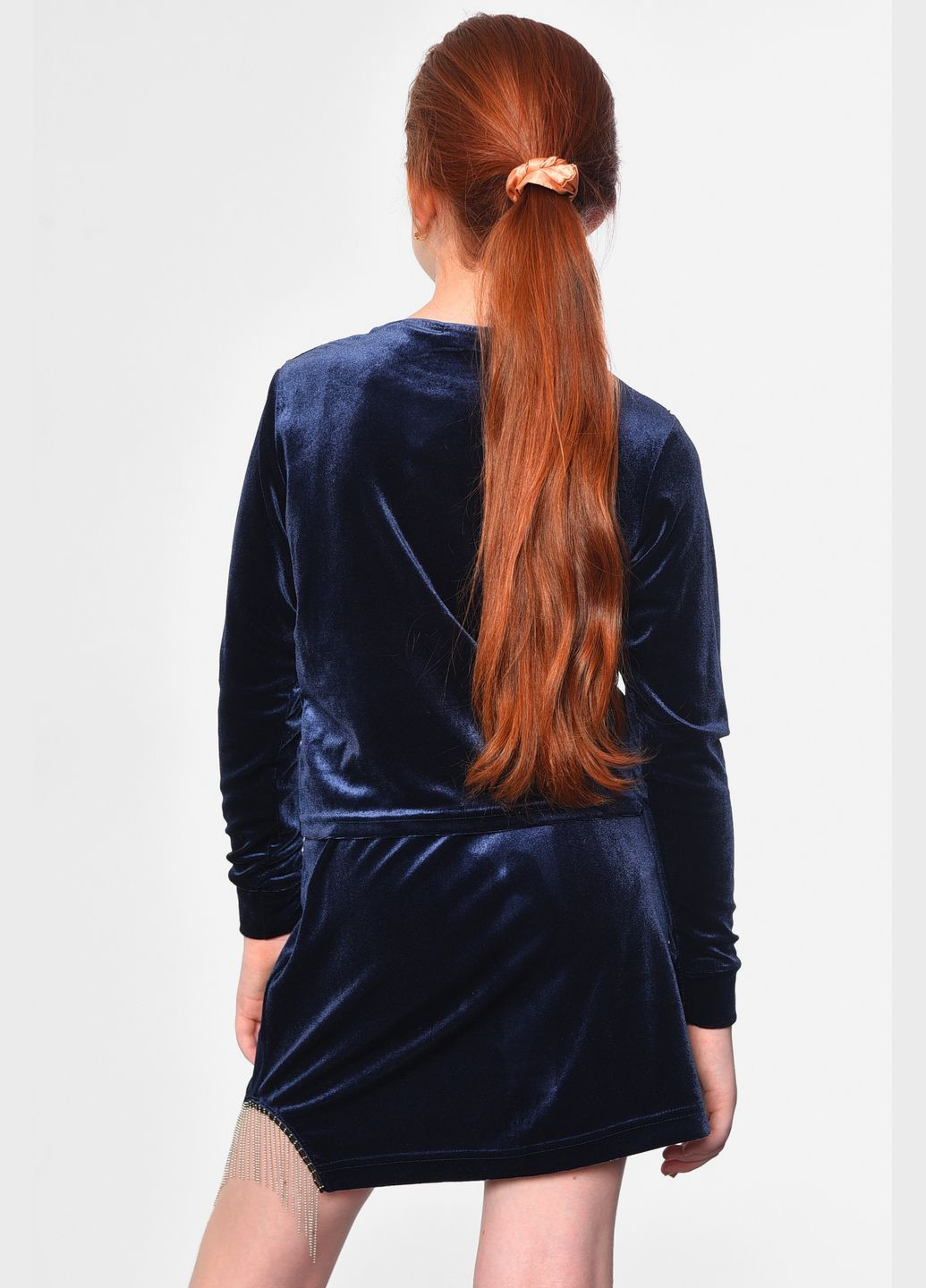 Темно-синий демисезонный костюм детский велюровый для девочки темно-синего цвета юбочный Let's Shop